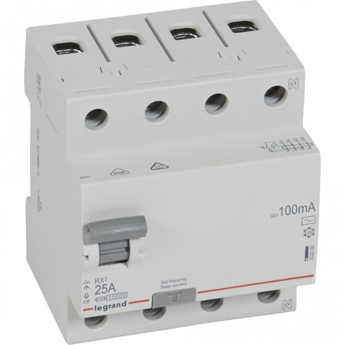Выключатель дифференциального тока LEGRAND RX3 100мА 25А 4П AC белый 402066 Выключатель дифференциального тока LEGRAND RX3 100мА 25А 4П AC белый 402066